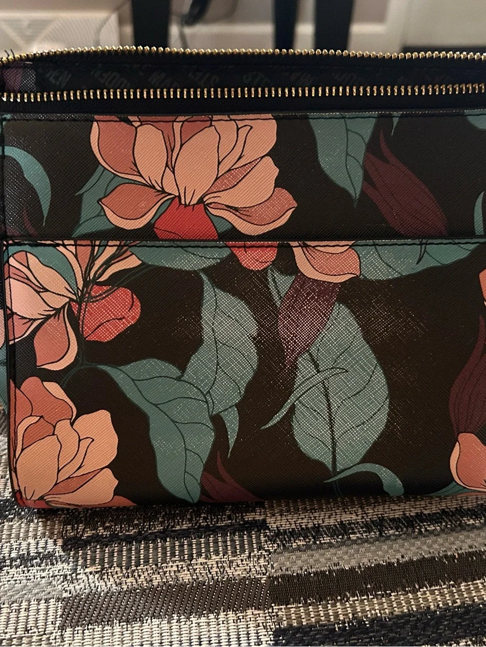 Floral Print Wristlet Clutch - Black with Pink & Teal Flowers